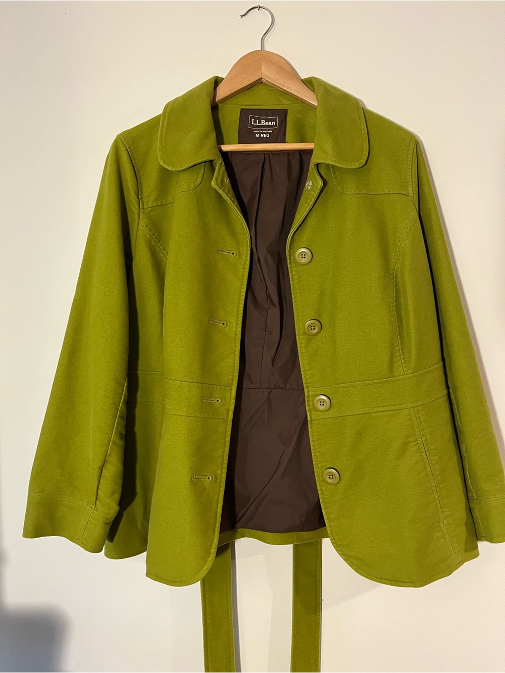 L.L. Bean Bright Olive Green Belted Coat
